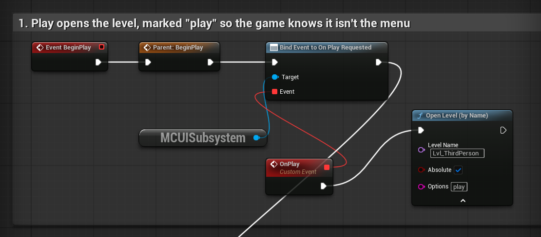 BeginPlay binds Play to Open Level